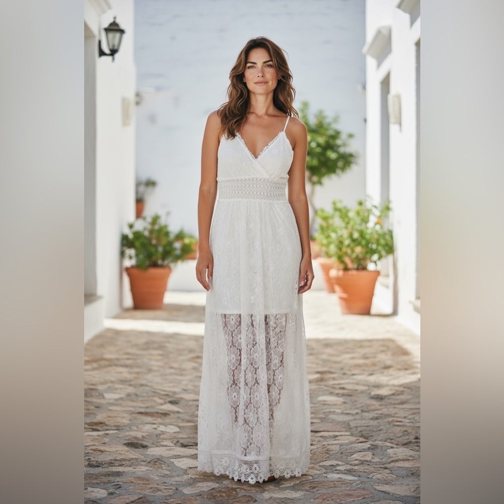 Elegant White Lace Maxi Dress (built in shorts)